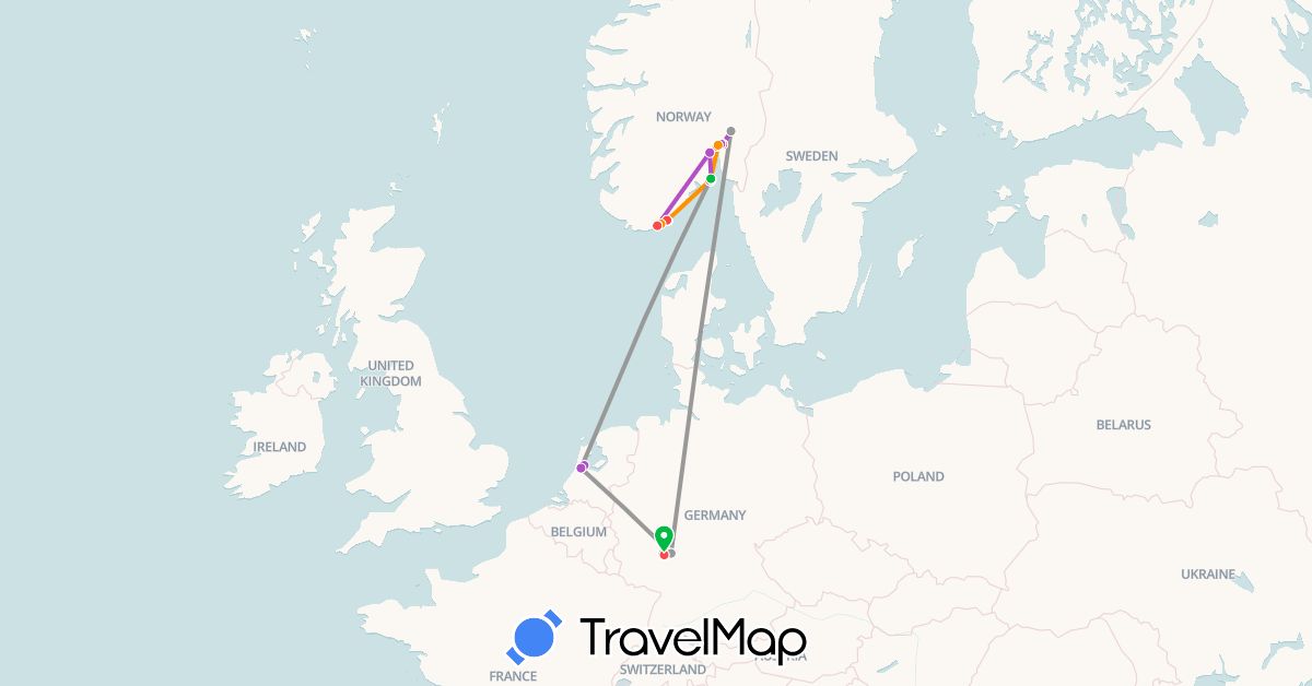 TravelMap itinerary: driving, bus, plane, train, hiking, hitchhiking in Germany, Netherlands, Norway (Europe)